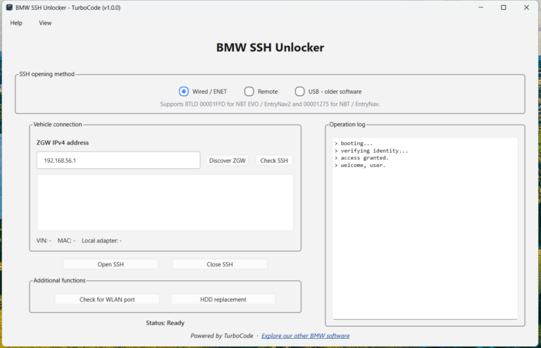 BMW NBT EVO SSH Unlocker Windows application