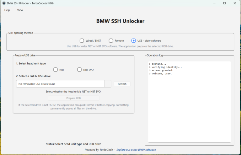 BMW NBT EVO SSH Unlocker Windows application