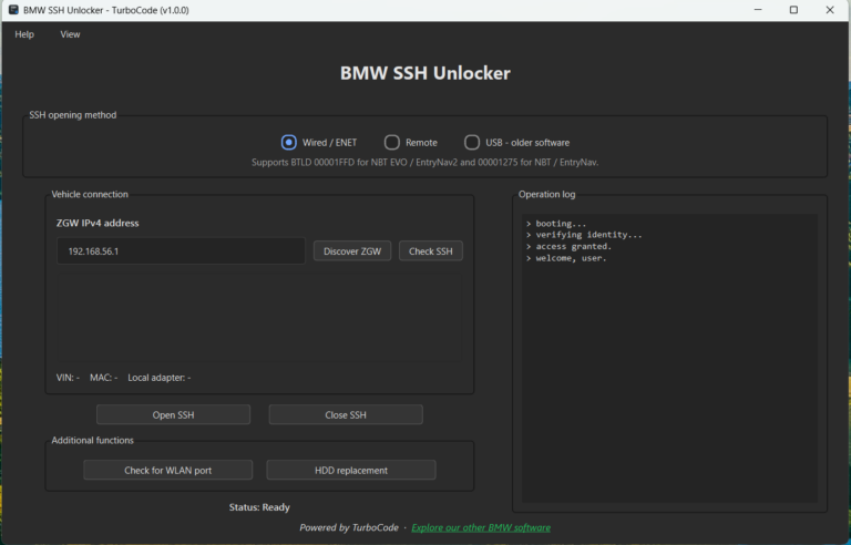 BMW NBT EVO SSH Unlocker Windows application